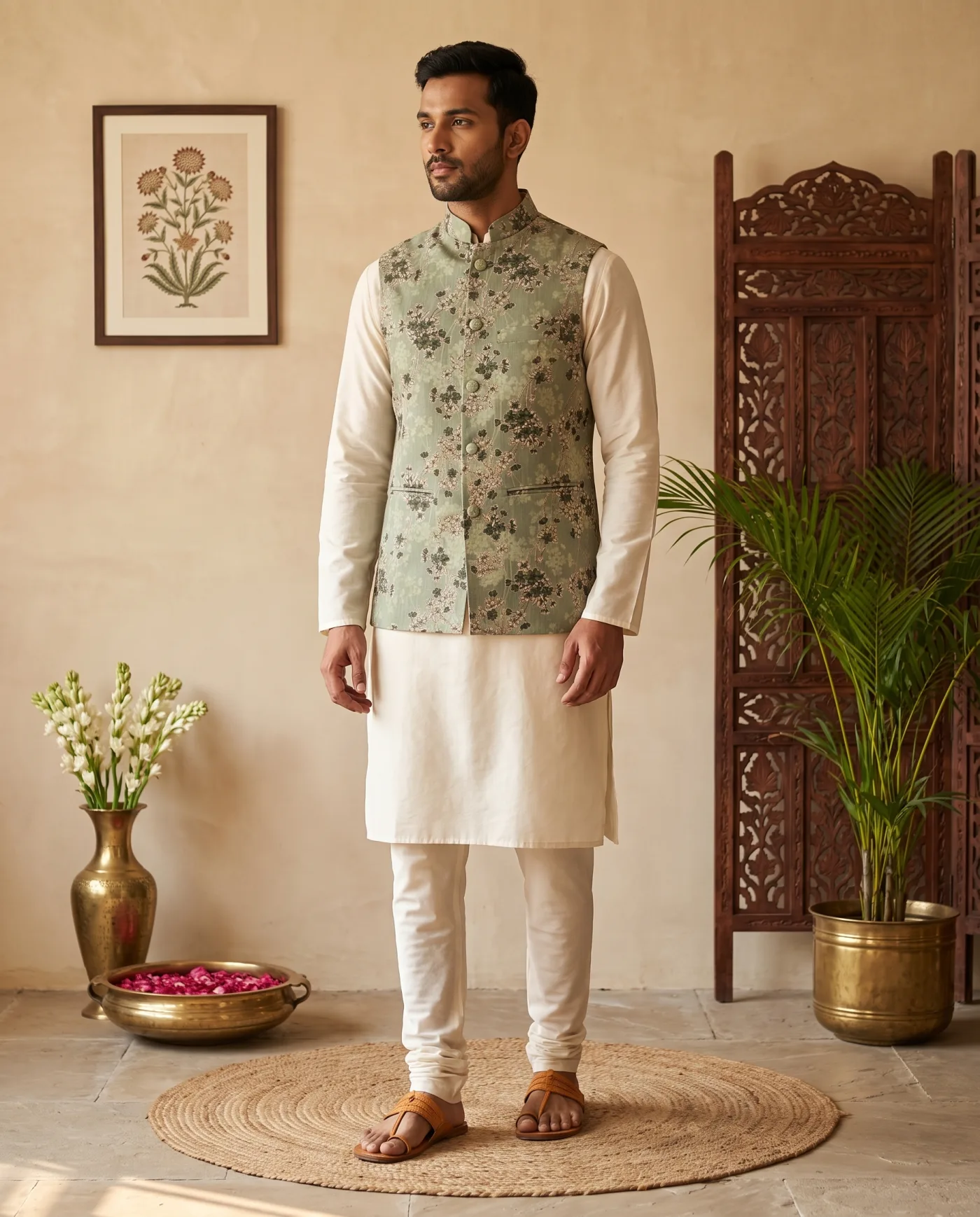 Nehru Jacket - Sage Green Floral Print
