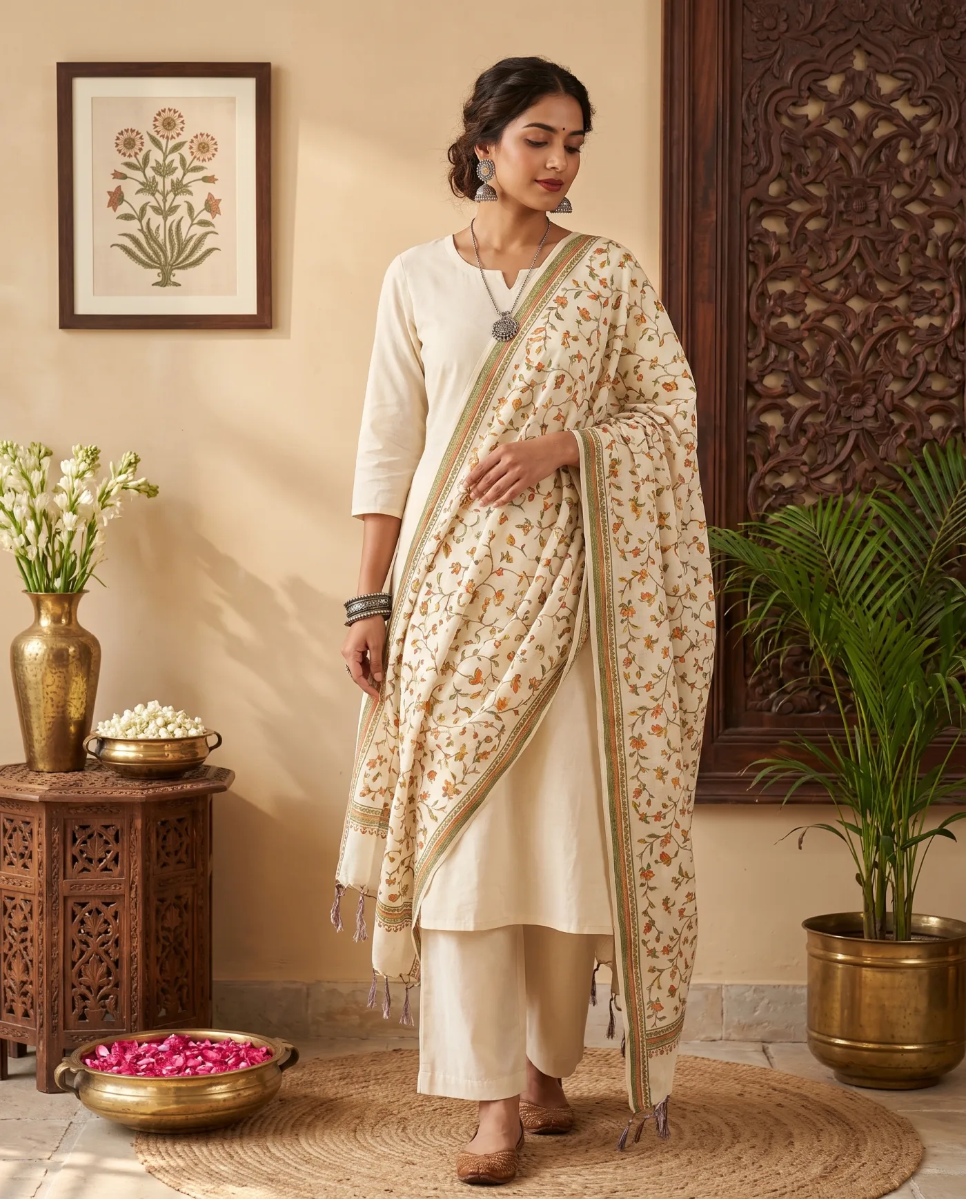 Dupatta - Cream Floral Vine