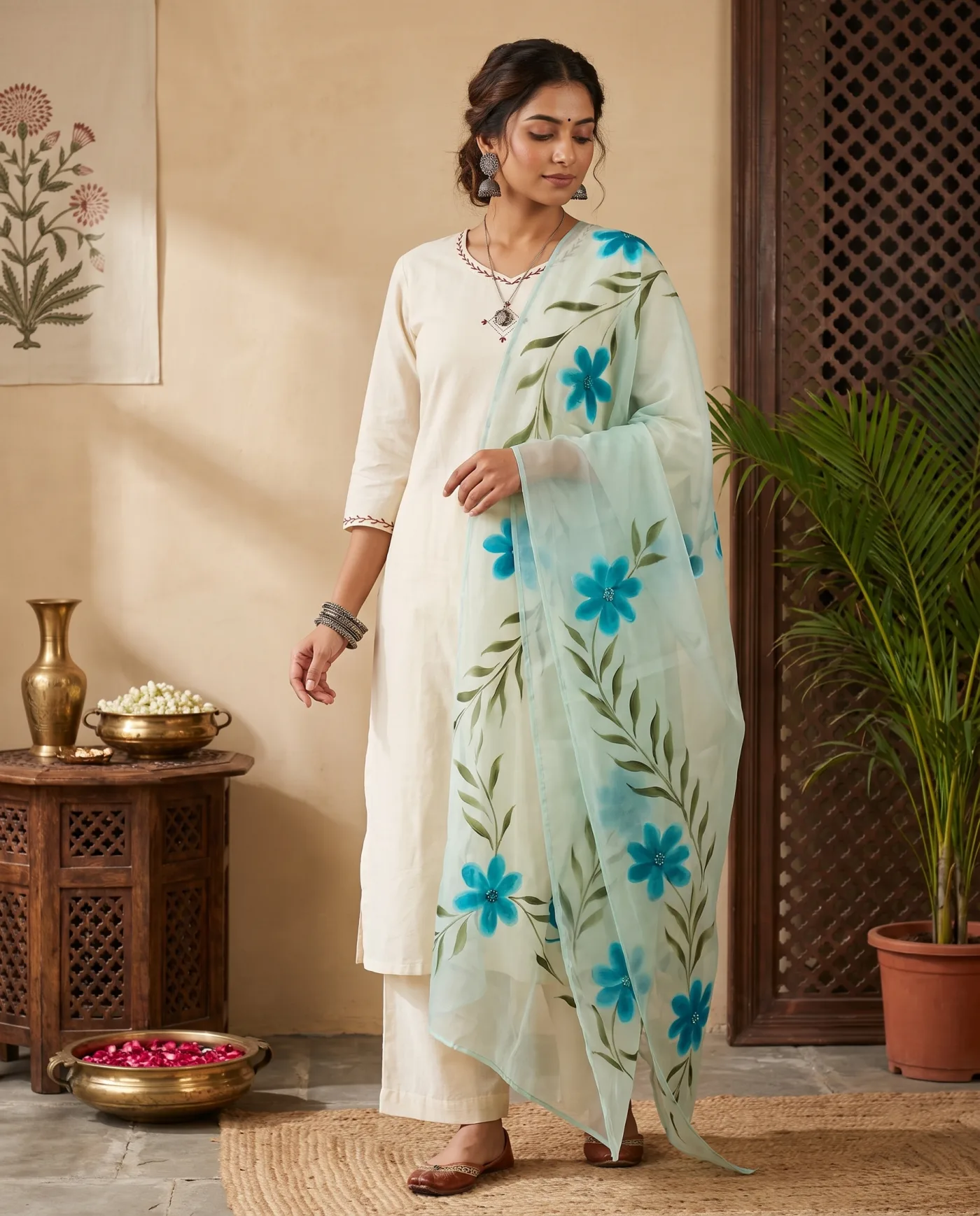 Dupatta - Mint Hand-Painted Floral