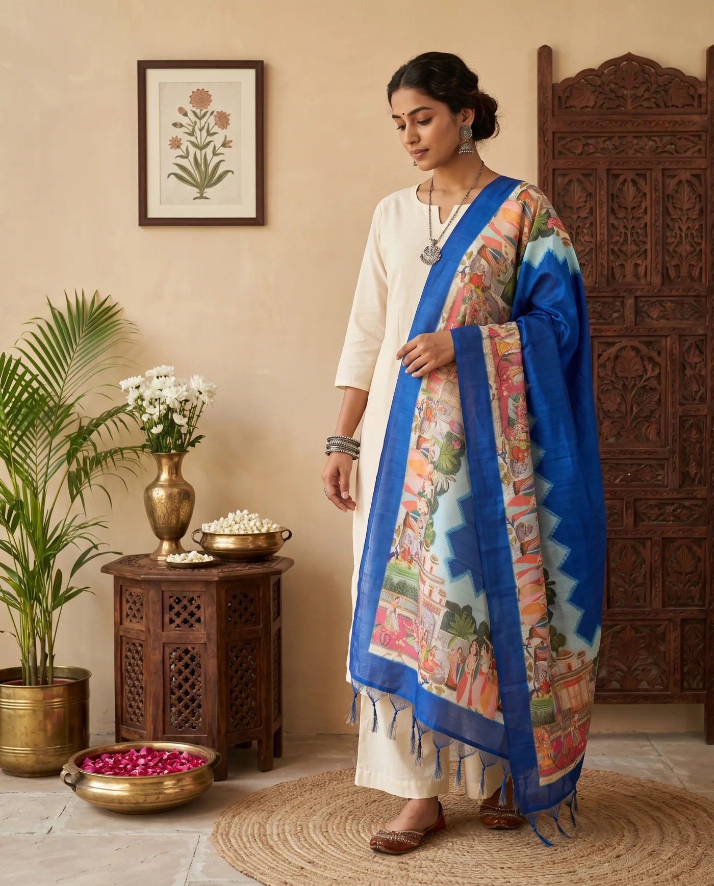 Dupatta - Royal Blue Pichwai Border