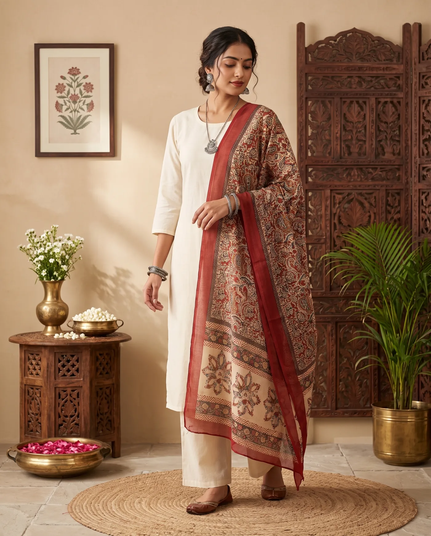 Dupatta - Rust Maroon Floral Print