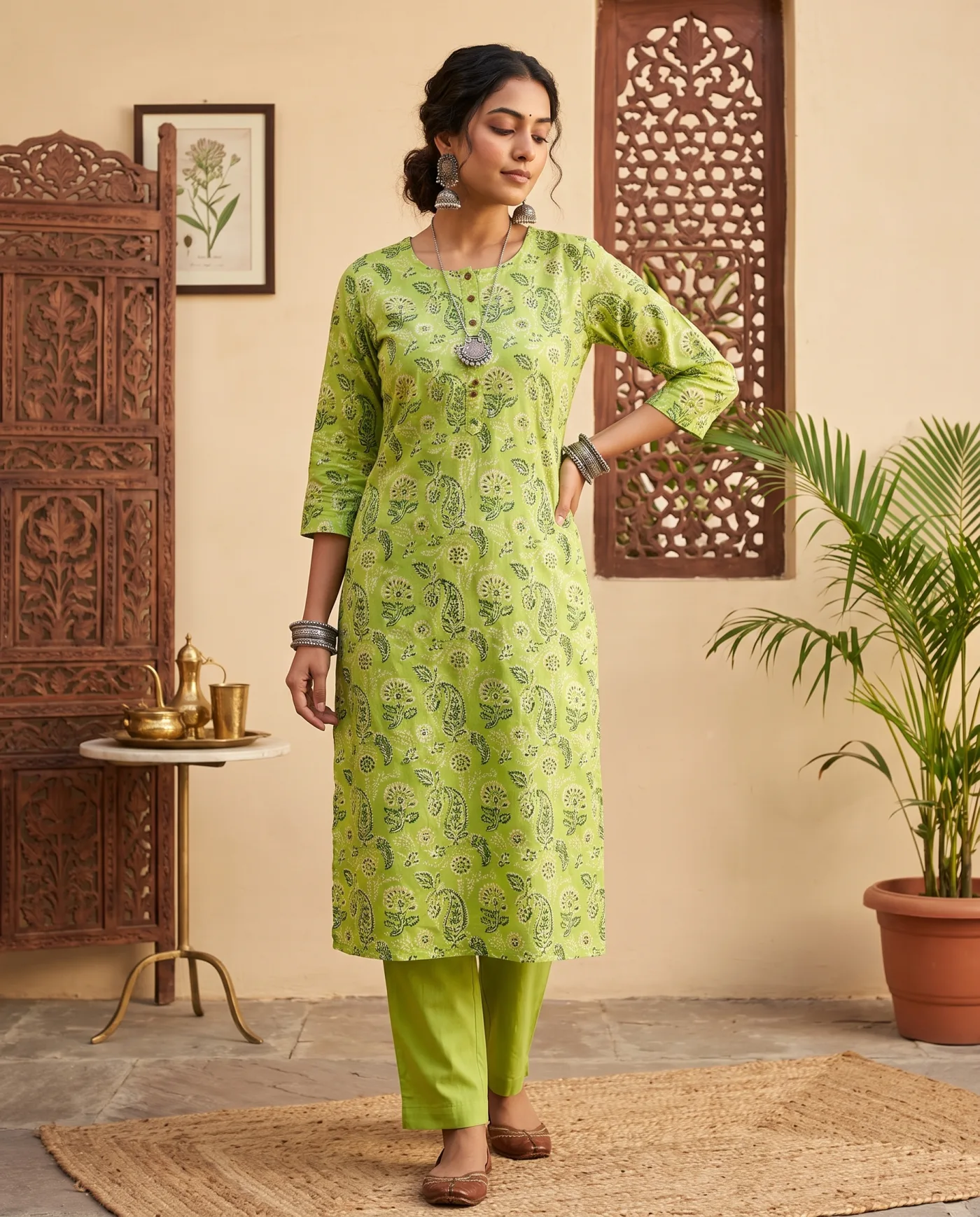 Kurta - Lime Green Block Print