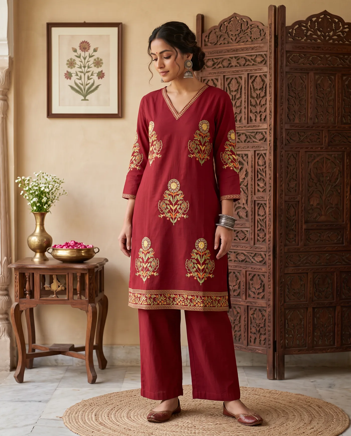 Kurta - Maroon Gold Block Print
