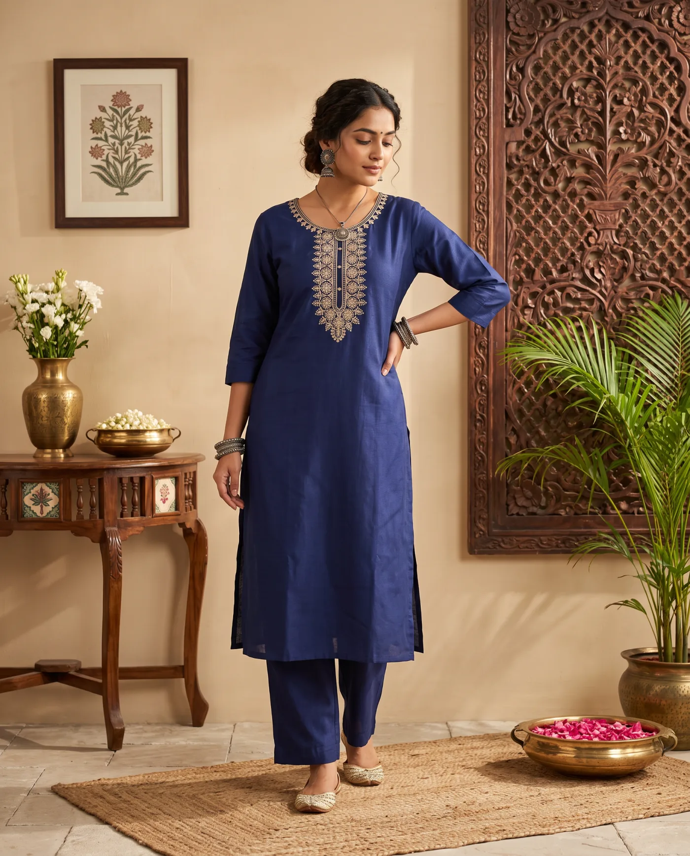 Kurta - Navy Gold Embroidered Placket