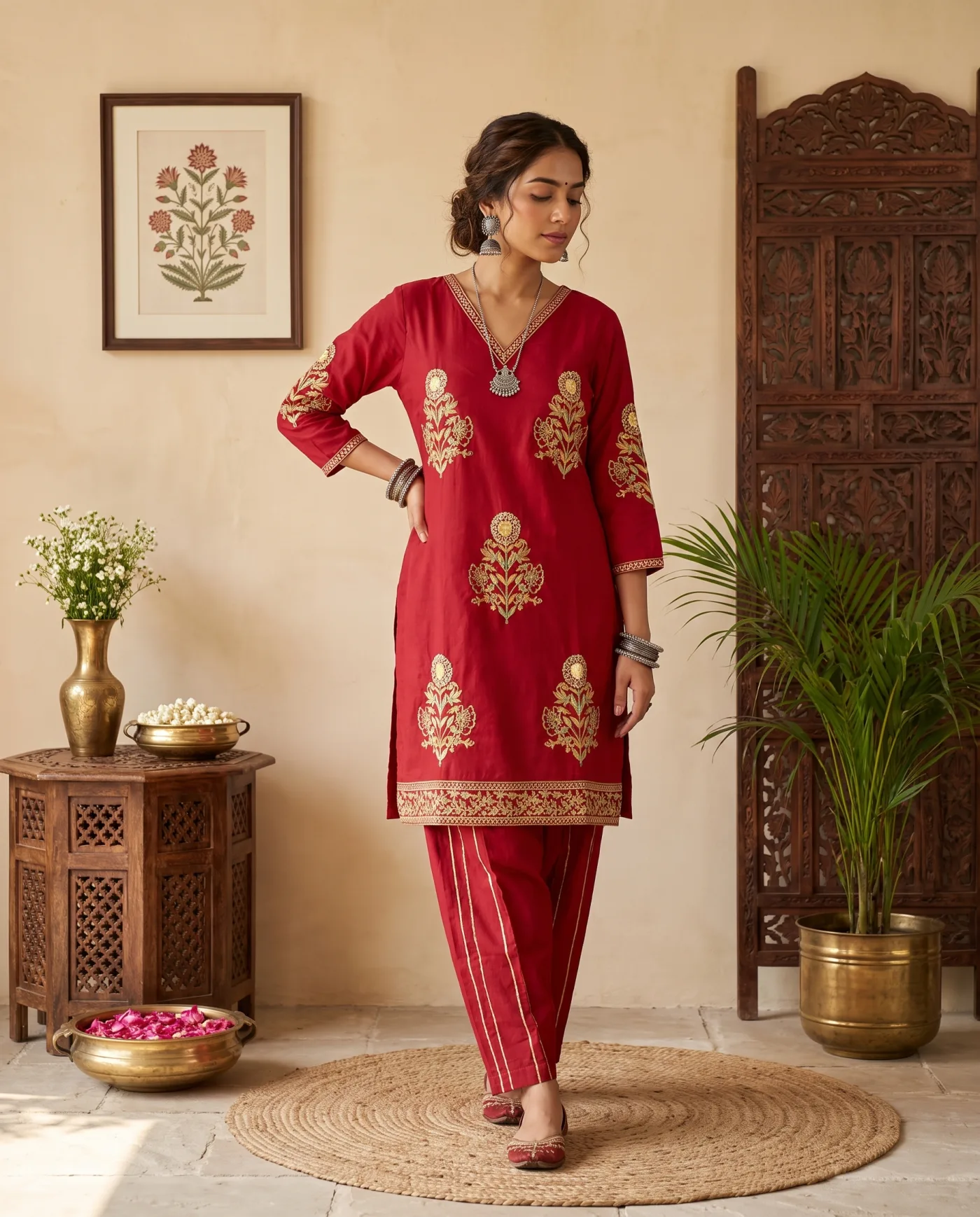 Kurta Set - Crimson Gold Embroidered