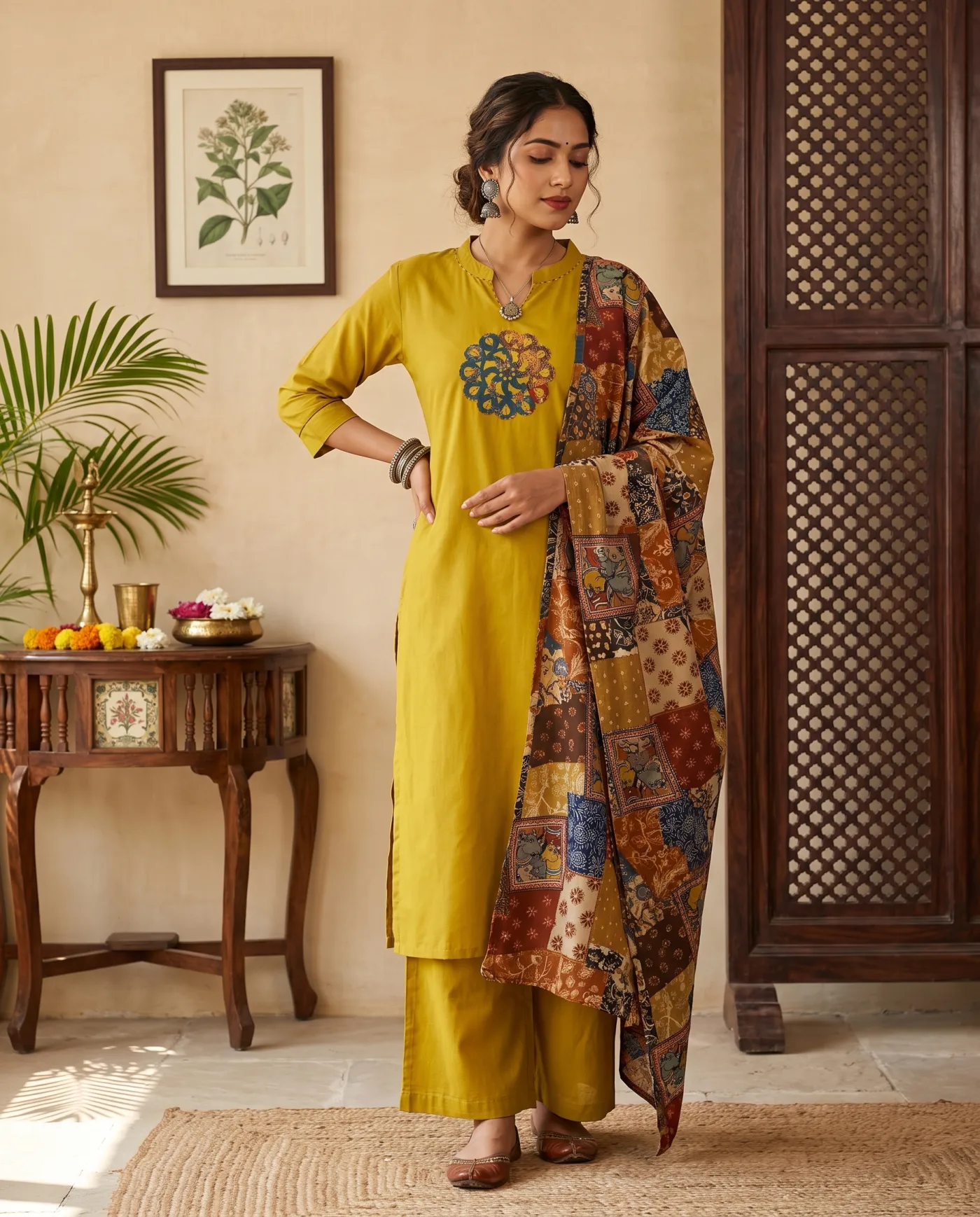 Kurta Set - Mustard with Patchwork Dupatta
