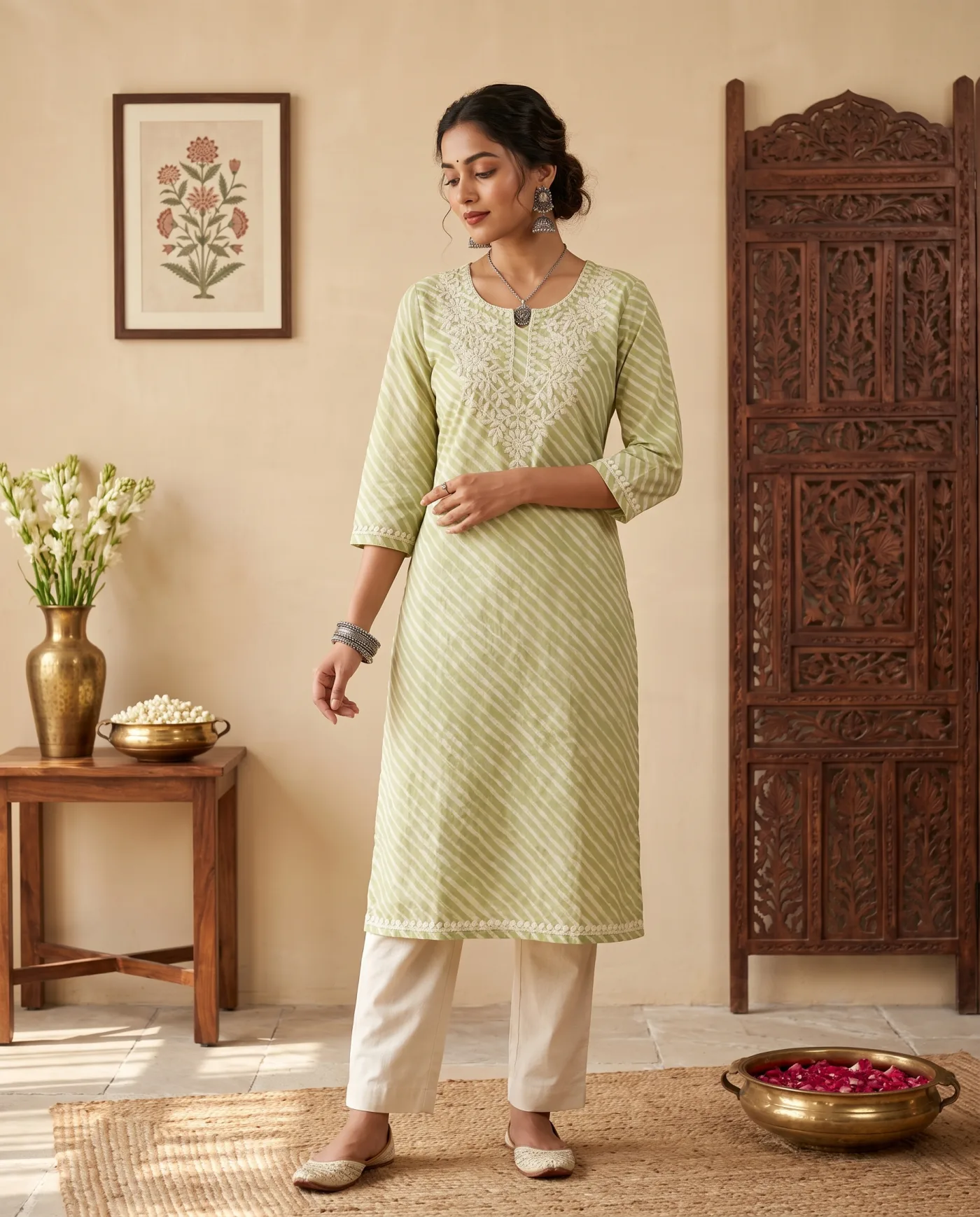 Kurti - Light Green Stripe Chikankari