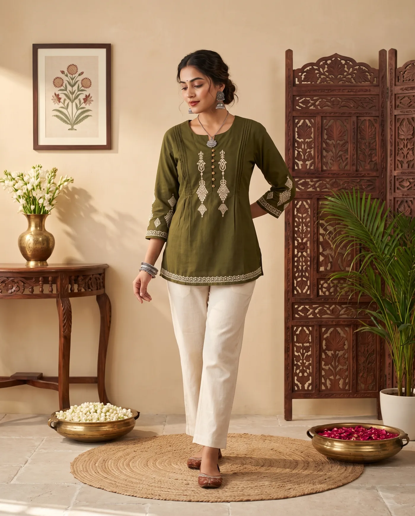 Top - Olive Green Chikankari Placket