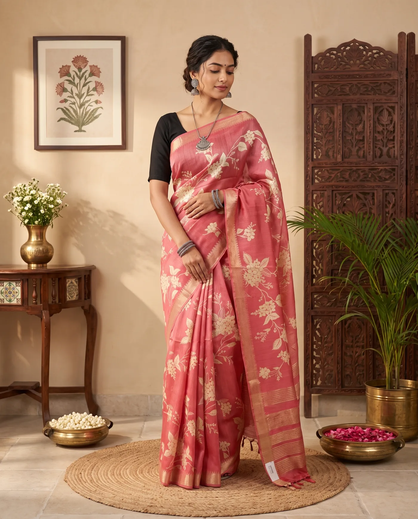 Chanderi - Coral Floral