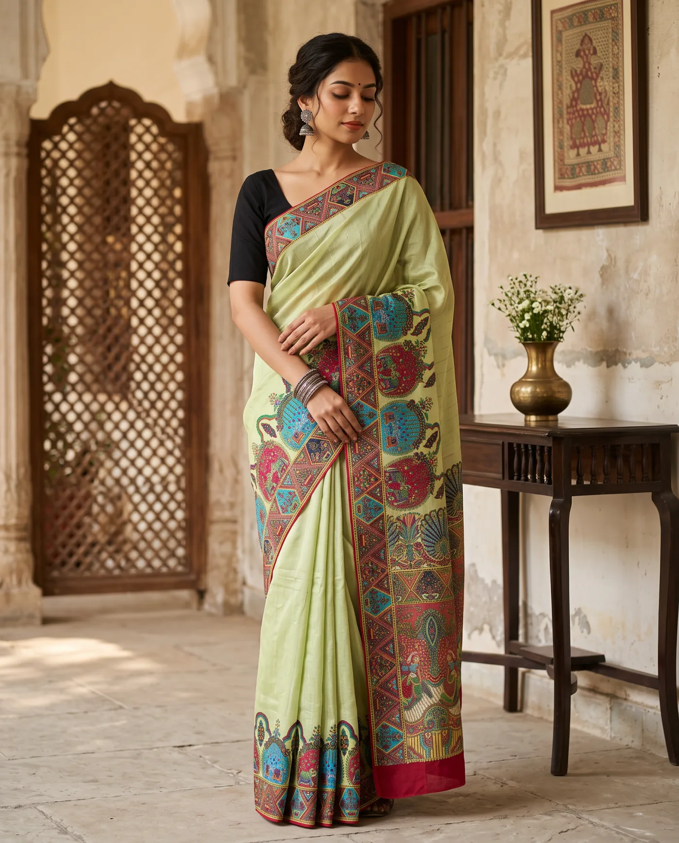 Chanderi - Pistachio Kalamkari Border