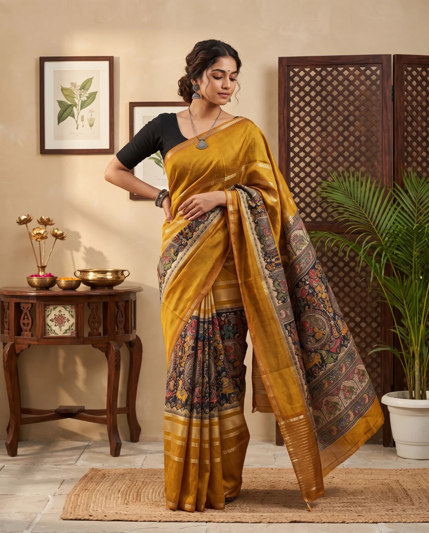 Maheshwari - Golden Kalamkari Pallu