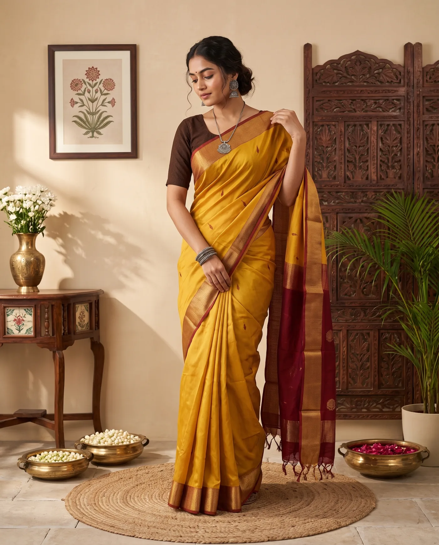 Maheshwari - Mustard Maroon Border