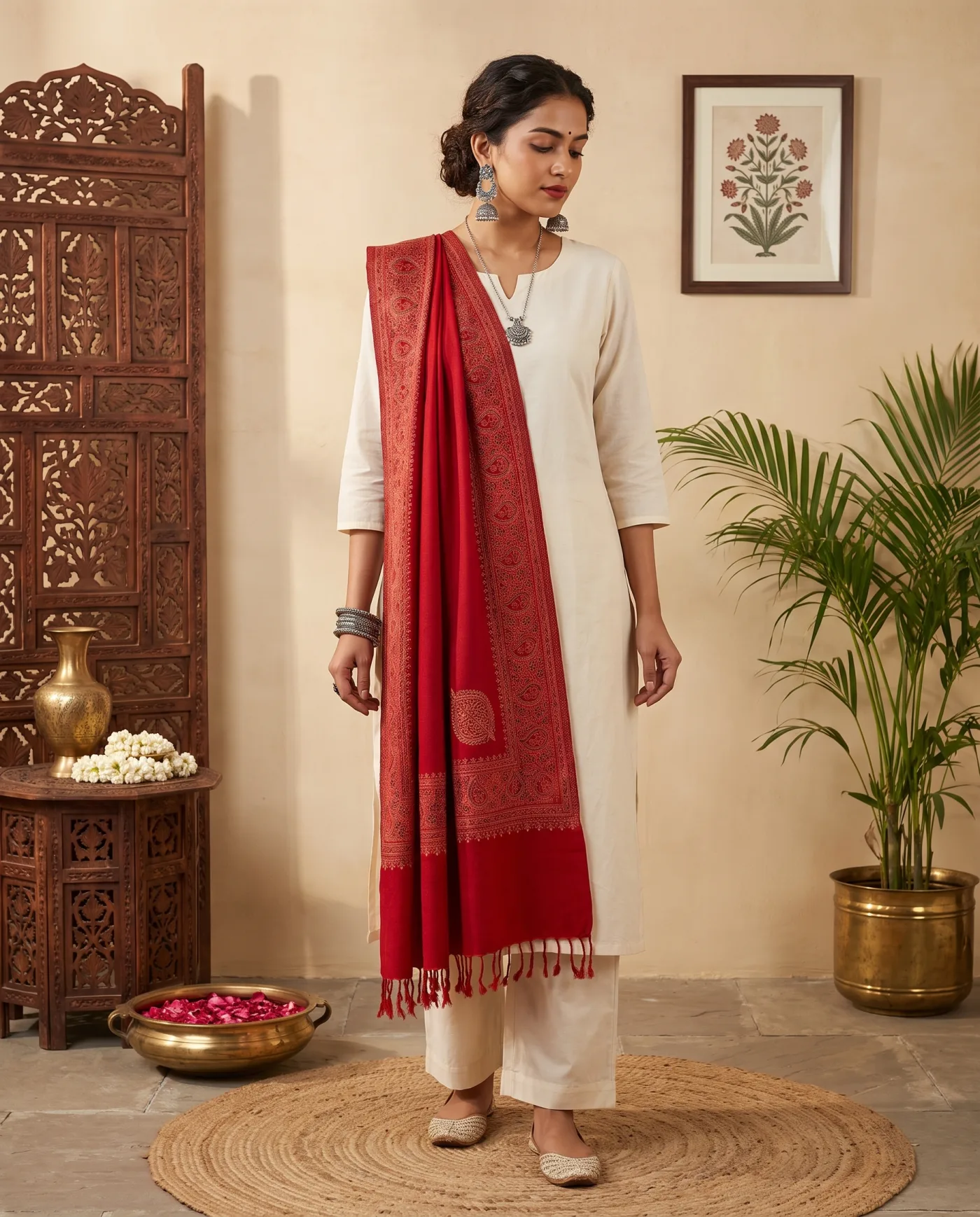 Shawl - Deep Red Embroidered Border