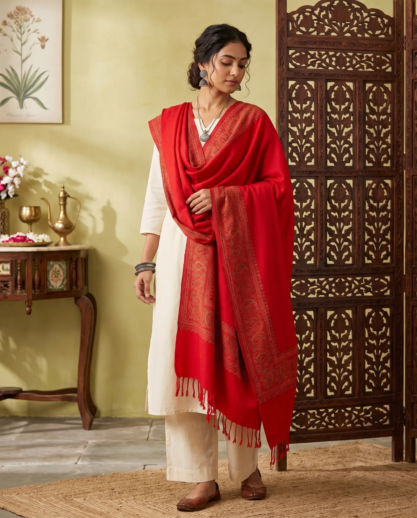 Shawl - Scarlet Woven Paisley Border