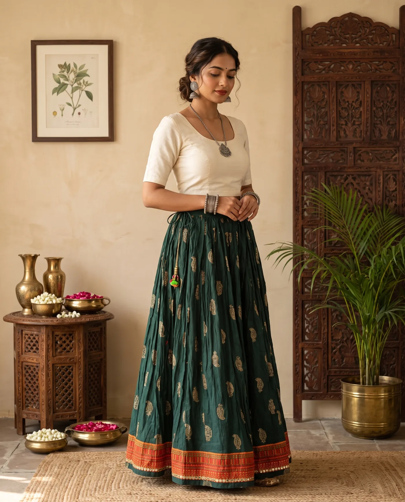 Skirt - Bottle Green Gold Buti