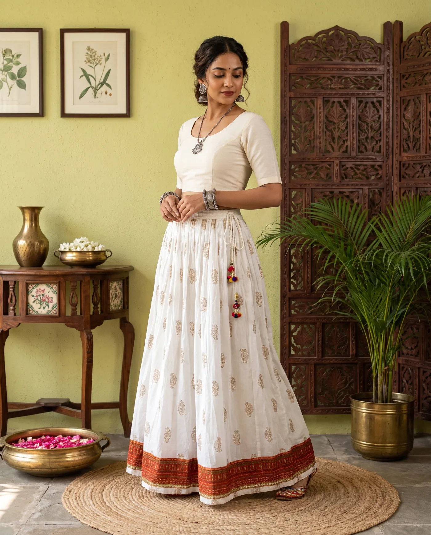 Skirt - White Gold Buti with Zari Border